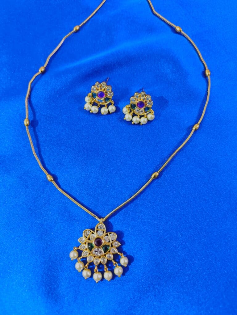 TOTAL TREASURES Gold Tone AD Kundan & Pearl Studded Ball Chain Pendant Necklace with Matching Earrings for Women