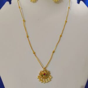 TOTAL TREASURES Gold Tone AD Kundan & Pearl Studded Ball Chain Pendant Necklace with Matching Earrings for Women