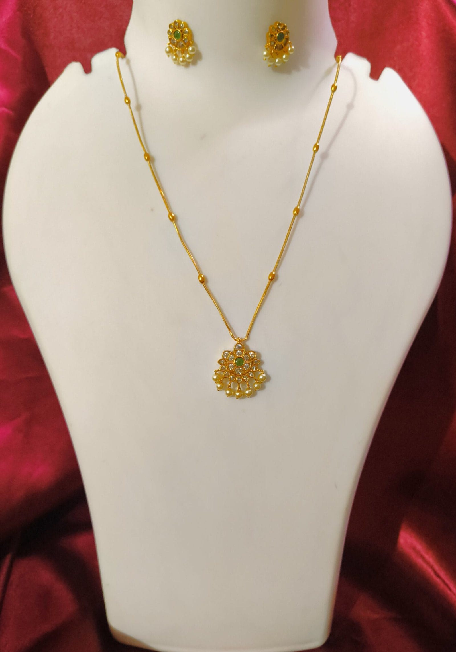 Gorgeous 1 Gram Gold Plated AD Kundan Studded Pearl Necklace with Matching Earrings