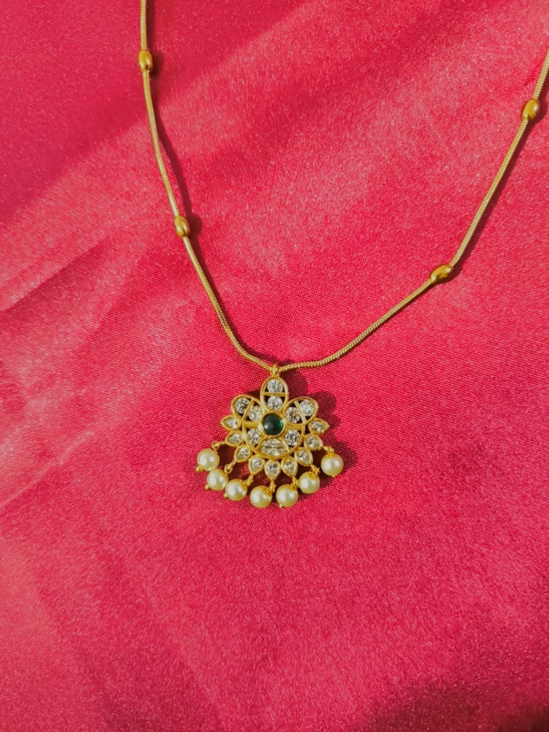 Gorgeous 1 Gram Gold Plated AD Kundan Studded Pearl Necklace with Matching Earrings