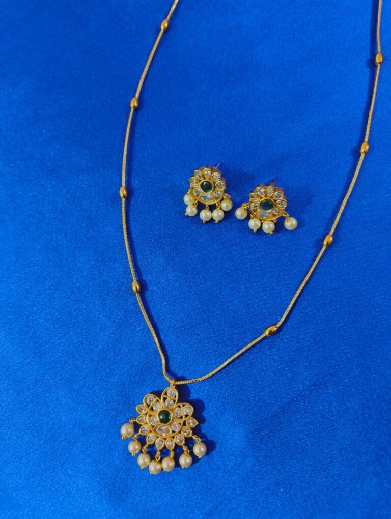 Gorgeous 1 Gram Gold Plated AD Kundan Studded Pearl Necklace with Matching Earrings