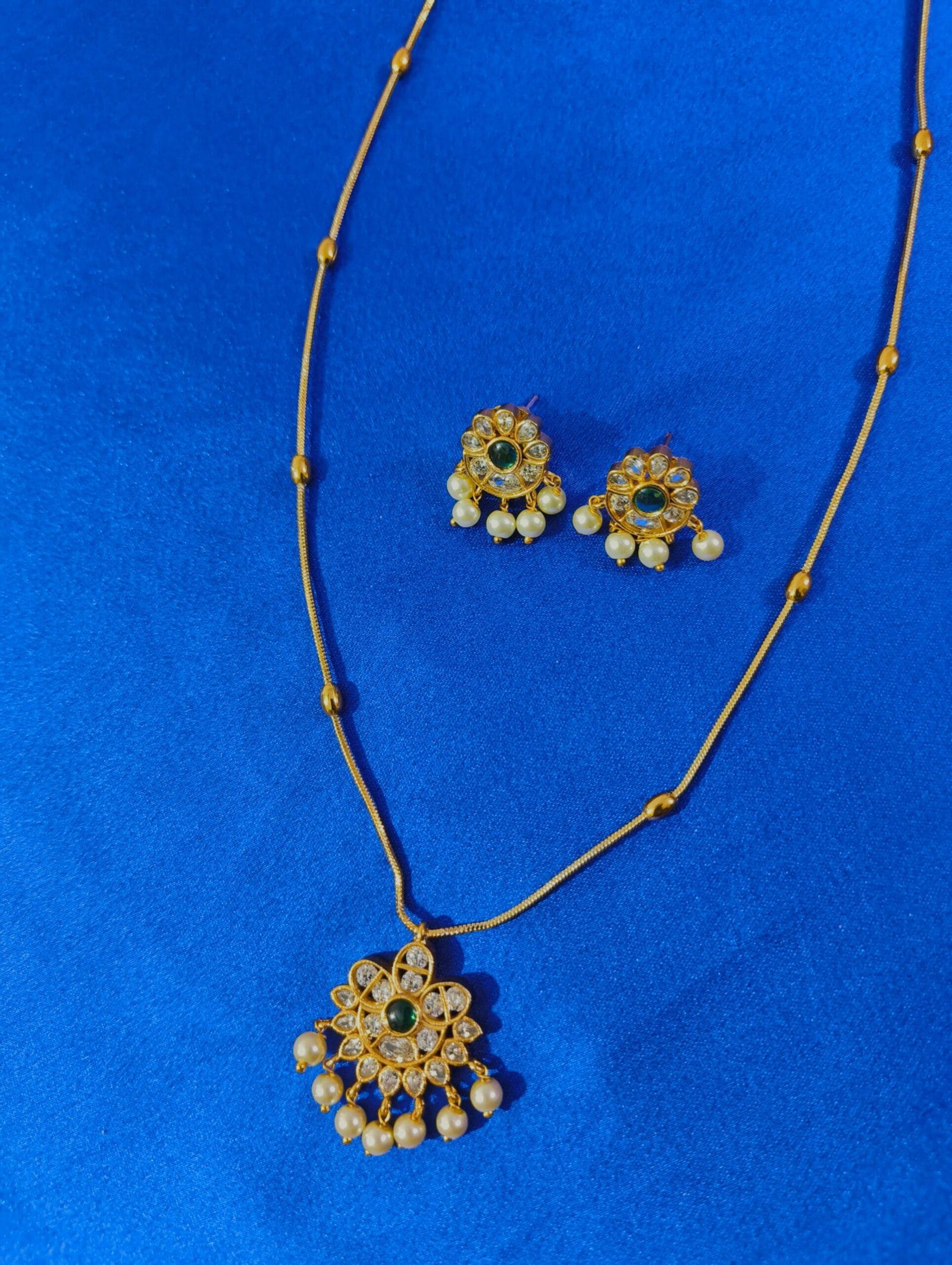 Gorgeous 1 Gram Gold Plated AD Kundan Studded Pearl Necklace with Matching Earrings