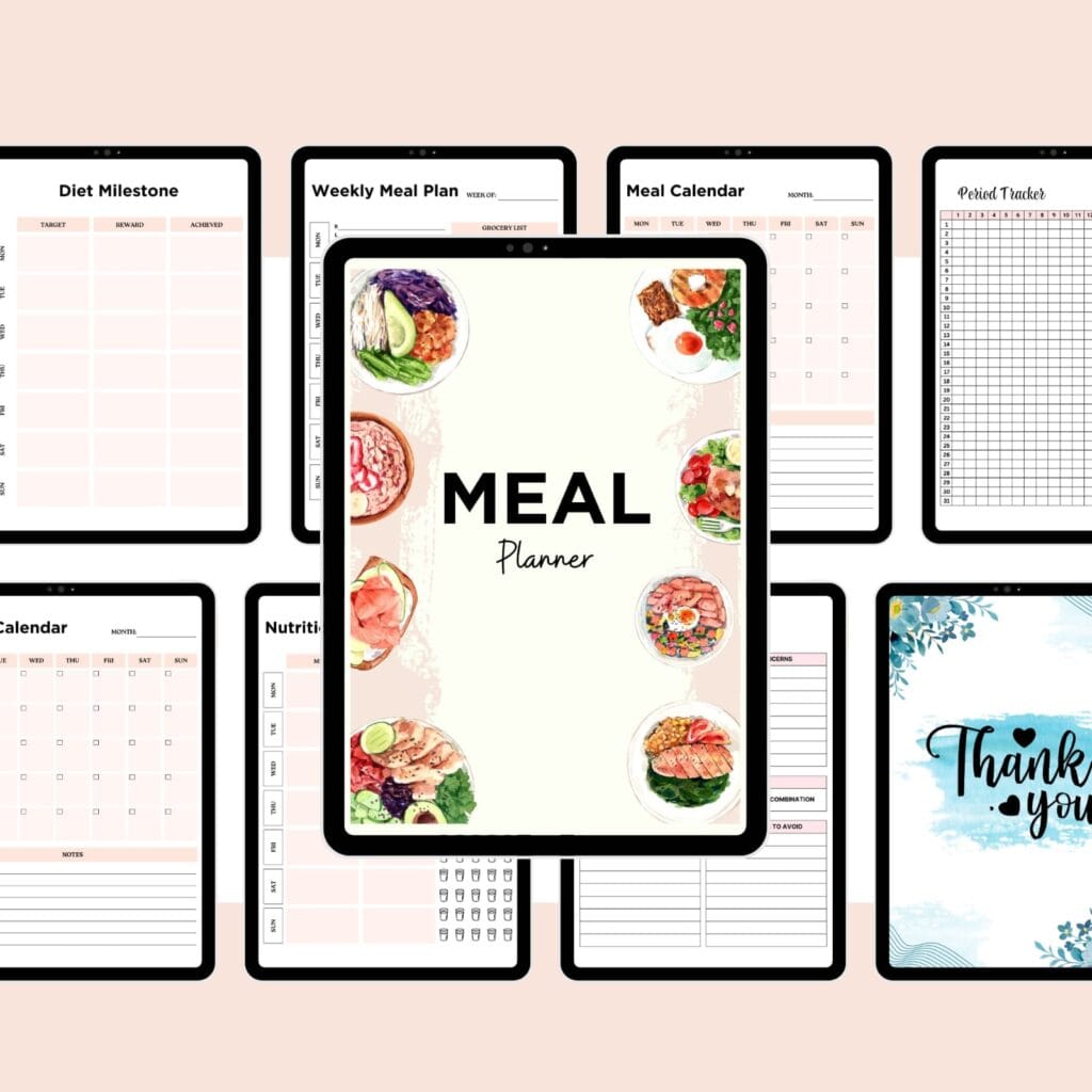 Meal Planner PDF 25 Pages Digital Download Weekly Meal Plan Grocery List Nutrition and Diet Tracker Printable Food Journal