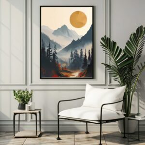 Minimalist Mountain Wall Art Digital Download Landscape Print Modern Nature Sun and Forest Poster Printable Home Decor