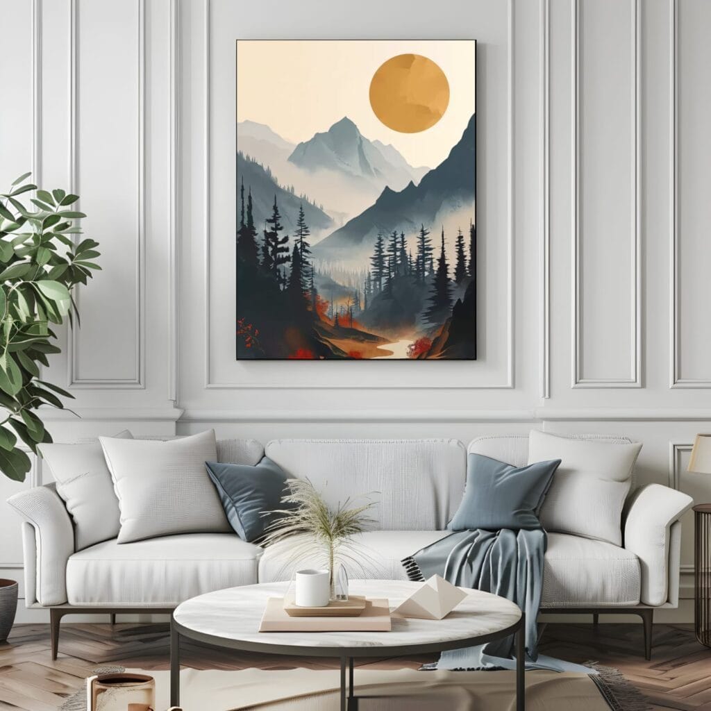 Minimalist Mountain Wall Art Digital Download Landscape Print Modern Nature Sun and Forest Poster Printable Home Decor