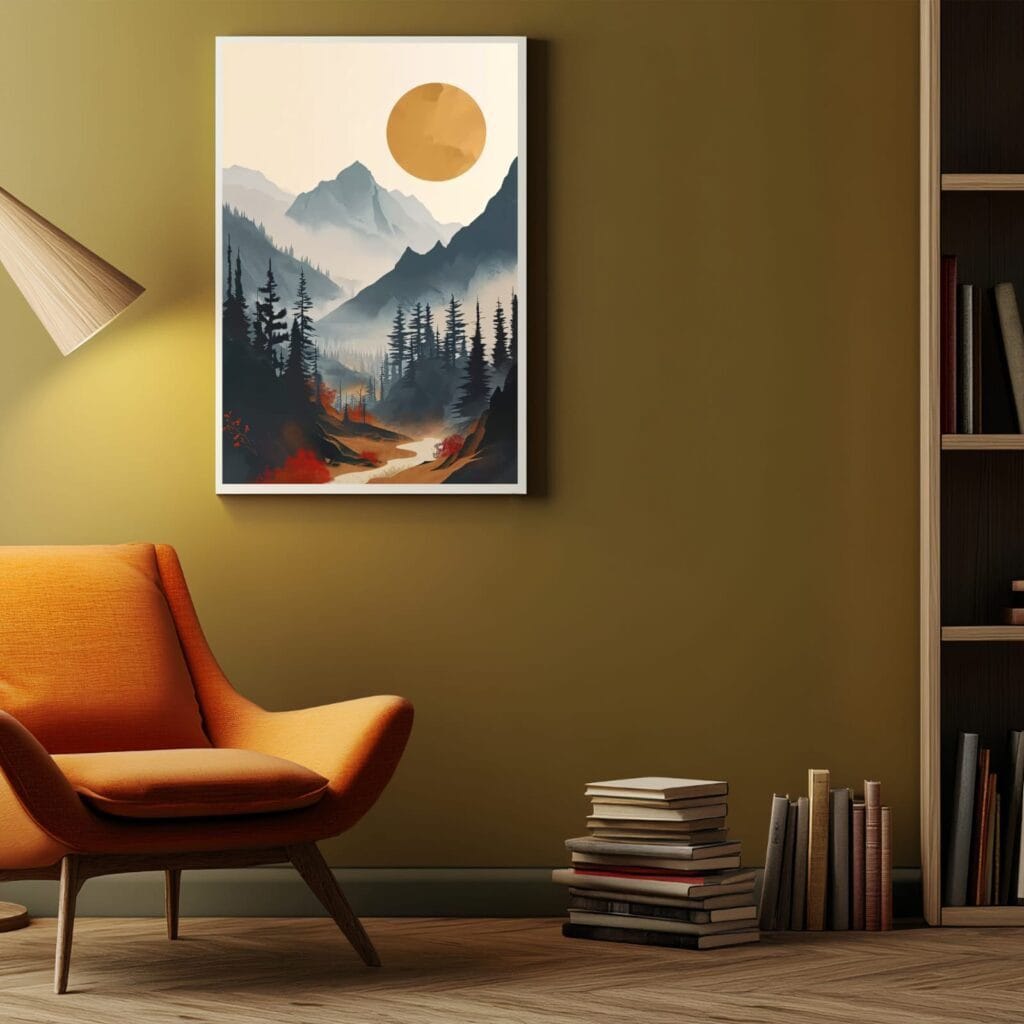 Minimalist Mountain Wall Art Digital Download Landscape Print Modern Nature Sun and Forest Poster Printable Home Decor