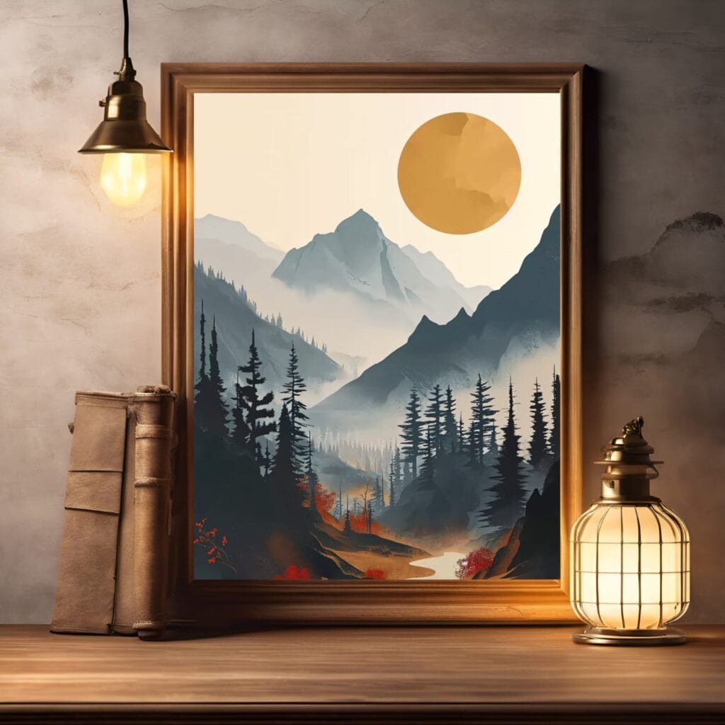 Minimalist Mountain Wall Art Digital Download Landscape Print Modern Nature Sun and Forest Poster Printable Home Decor