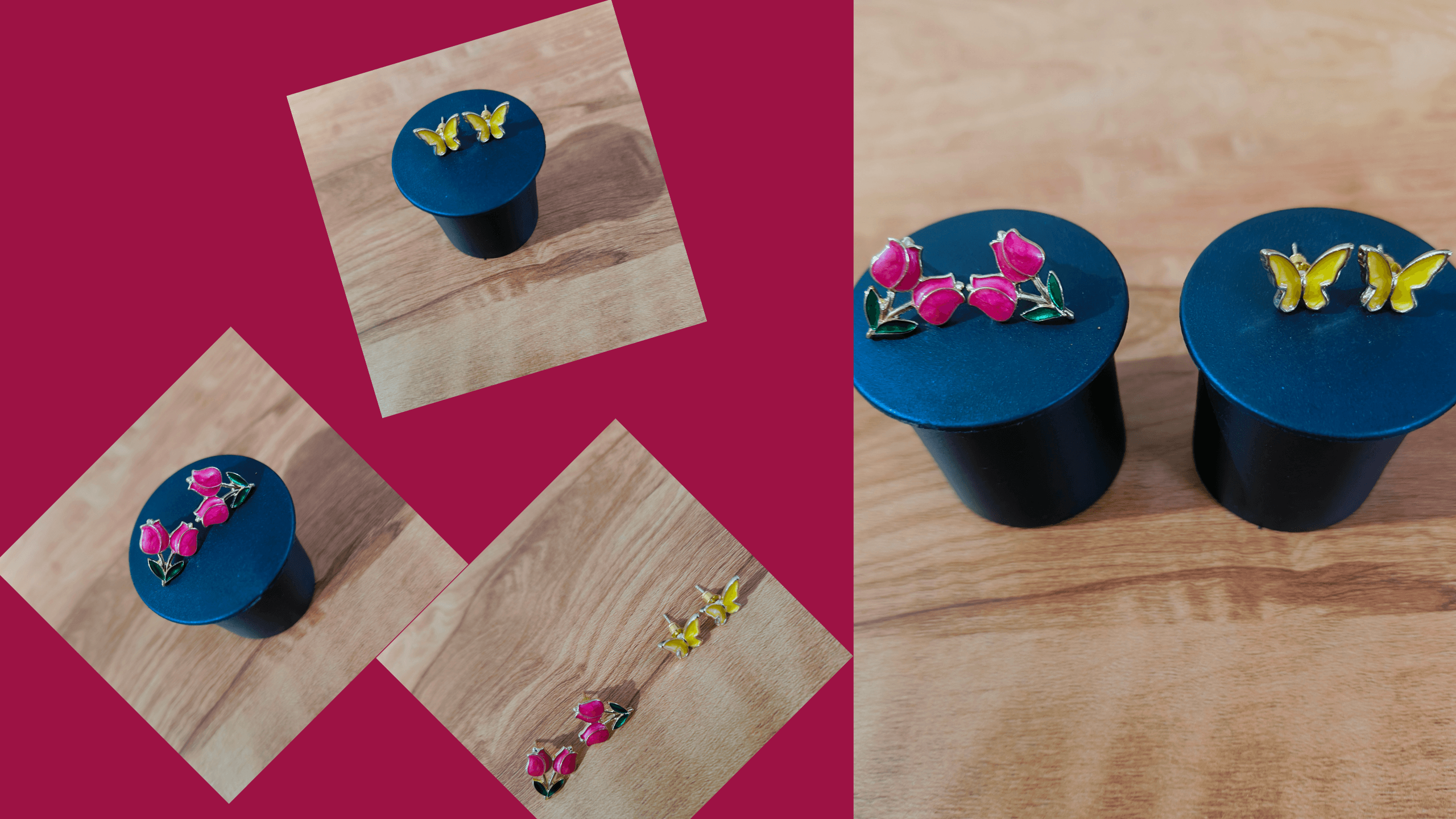 Gold Plated Enamel Stud Earrings Combo for Women & Girls (Rose & Butterfly Design)