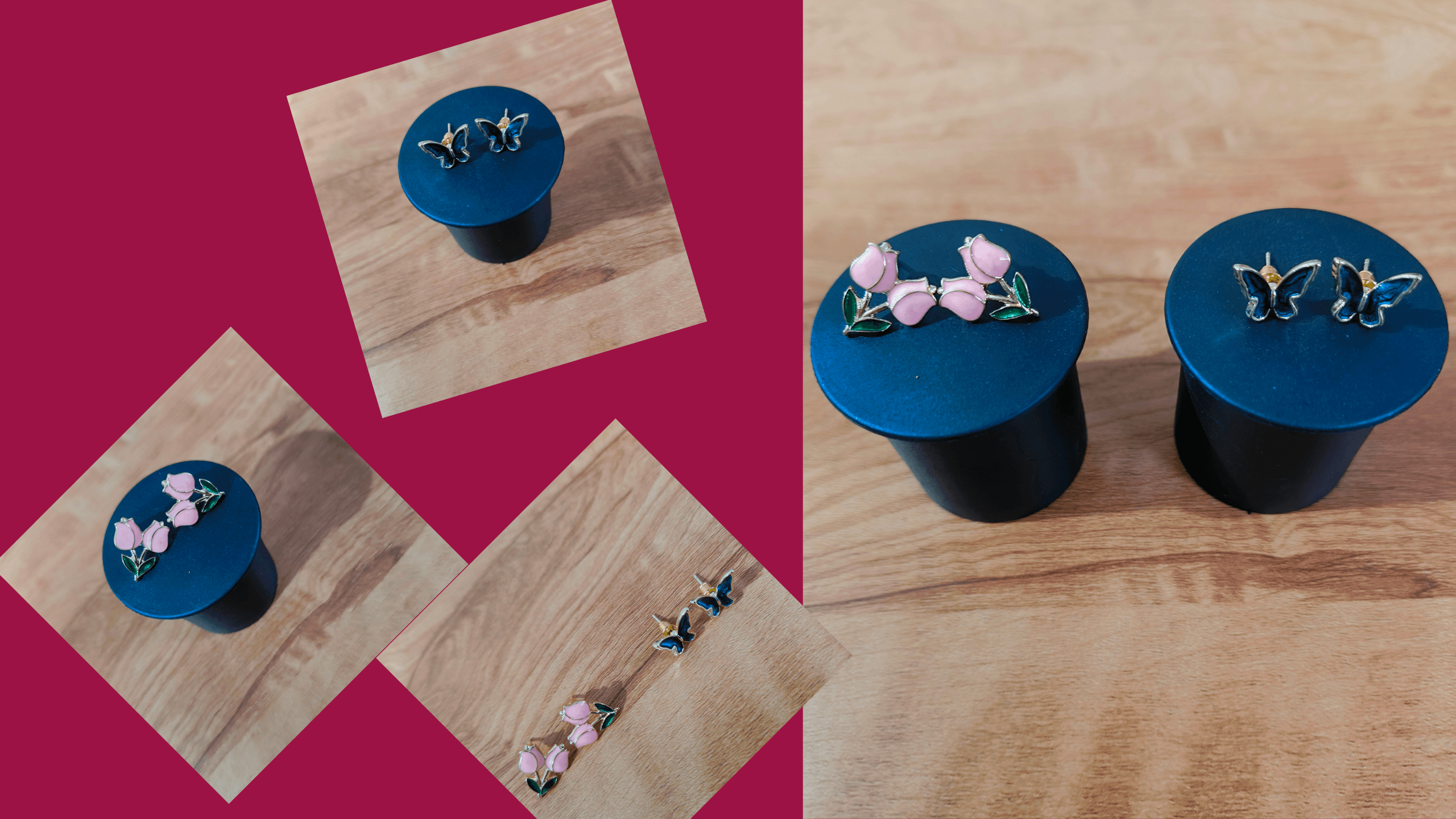 Gold Plated Enamel Stud Earrings Combo for Women & Girls (Pink Floral & Blue Butterfly Design)