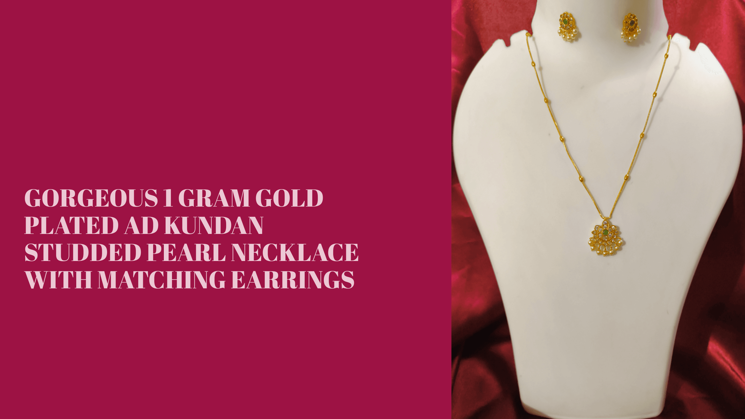 Gorgeous 1 Gram Gold Plated AD Kundan Studded Pearl Necklace with Matching Earrings