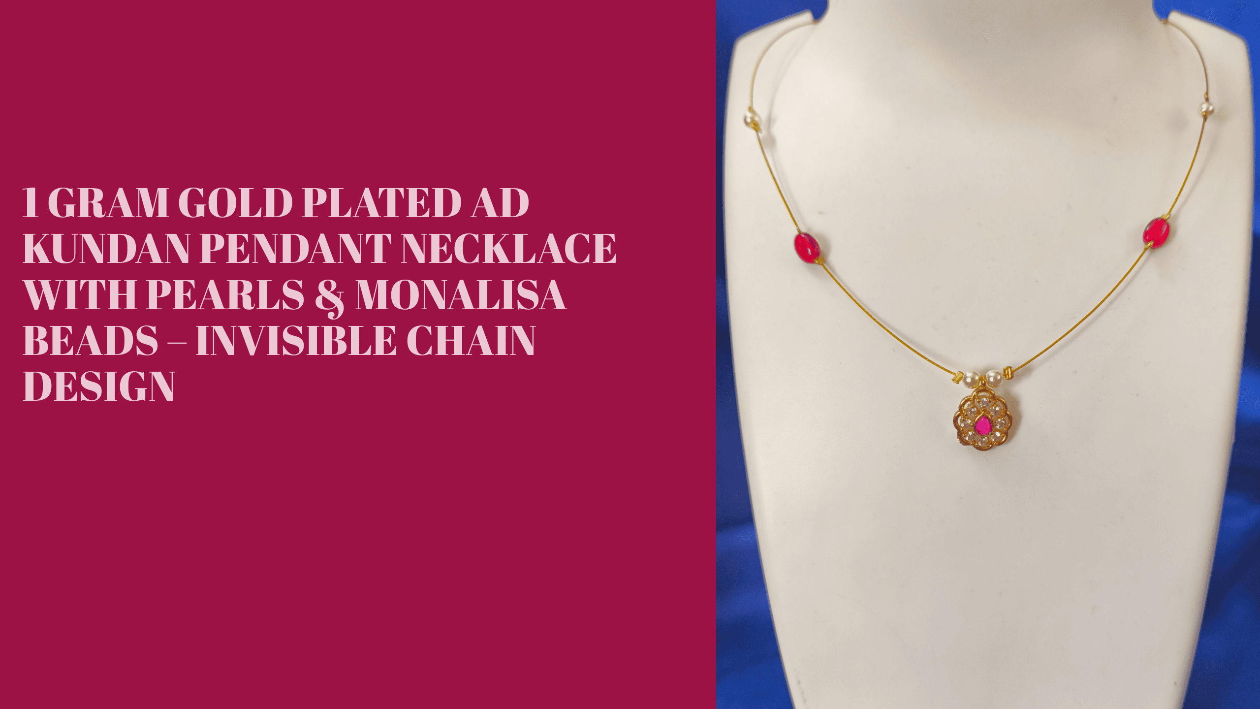 1 Gram Gold Plated AD Kundan Pendant Necklace with Pearls & Monalisa Beads – Invisible Chain Design