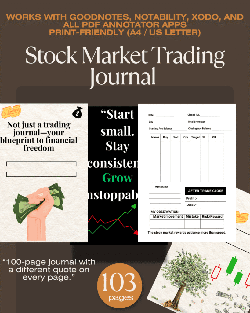 Stock Market Trading Journal PDF | 103-Page Digital Trade Log | Printable Trading Planner with 100 Unique Motivational Quotes