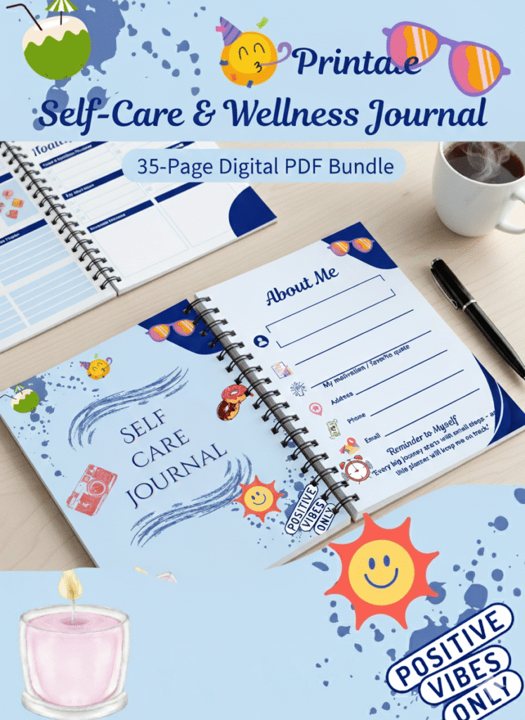 Self-Care Journal Planner | 35-Page Digital Wellness & Productivity PDF | Daily Gratitude, Habits, Mood & Fitness Tracker