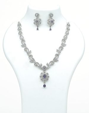 DSC09307 Rhodium-Plated American Diamond Necklace Set with Purple Stones Minimal