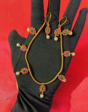 IMG_20250508_190208566 Gold Plated CZ AD Ruby Emerald Studded Rope Chain Necklace with Earrings