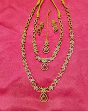 IMG_20250515_173649936 1 Gram Gold Plated CZ Ruby Studded Diamond Combo Necklace Set with Earrings & Maang Tikka
