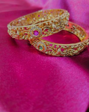 Gram Gold Plated CZ Ruby Emerald Studded Peacock Bangles