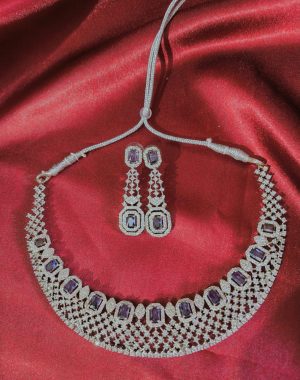 Rhodium Plated CZ AD Studded Purple Choker Necklace with Matching Earrings – Elegant Bridal & Partywear Jewelry Set